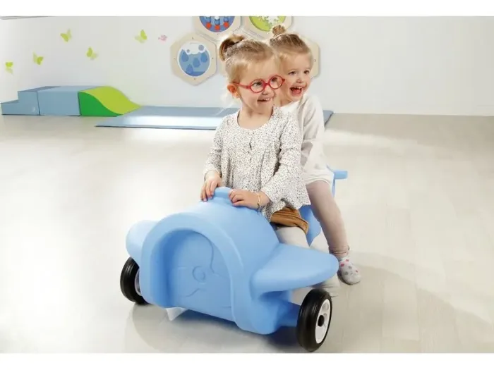 Airplane Double Pushalong blue ride-on supporting shared balance, steering, and communication between young children.