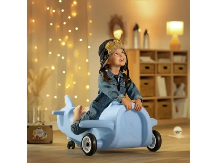 Airplane Double Pushalong blue two-seater promoting balance, rhythm, and social play in early-learning spaces.