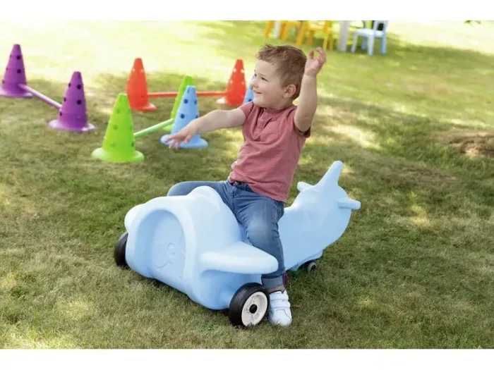 Airplane Double Pushalong blue toddler ride-on developing strength, coordination, and team-based movement.