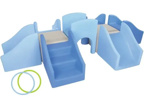 durable plastic climbing structure with raised platforms and gentle inclines for motor development and confident movement play