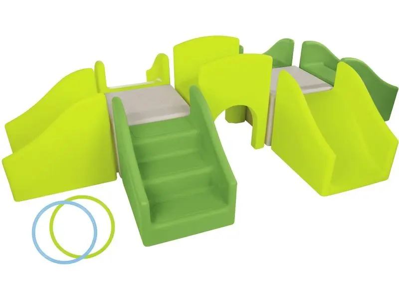 modular plastic climbing kit featuring varied slopes and steps to support early balance, crawling, and exploratory movement