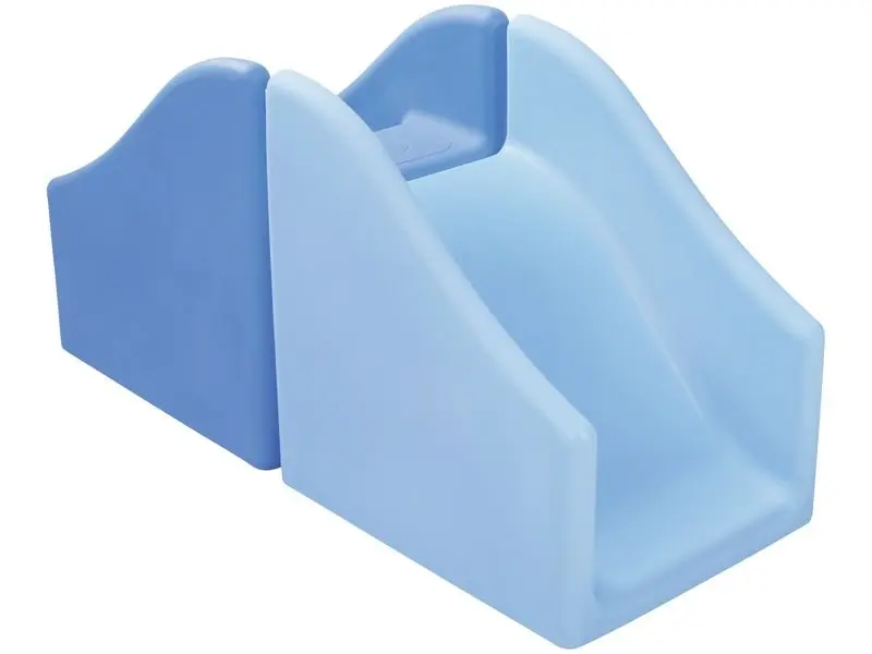 blue plastic step-and-slide unit providing a stable climbing surface and gentle slide for early gross motor development