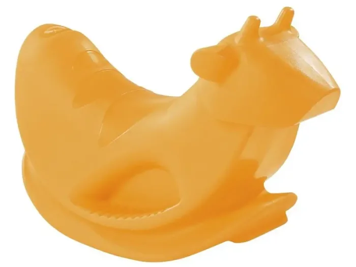 Bull Rider light-orange rocker for toddlers encouraging rhythm, balance, and stability during active play.