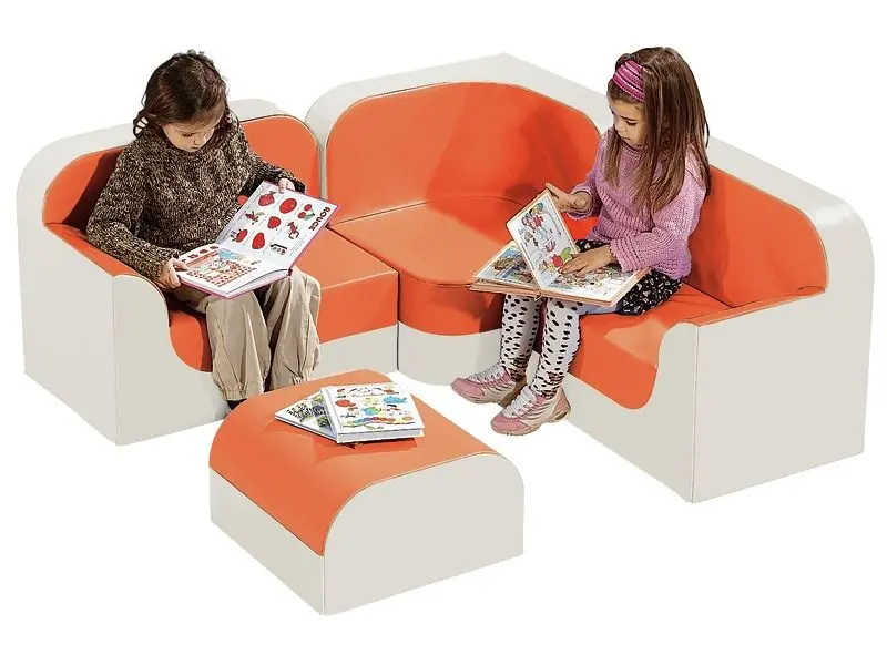 orange soft-foam corner lounge promoting relaxation, collaboration, and sensory comfort in classrooms and play areas