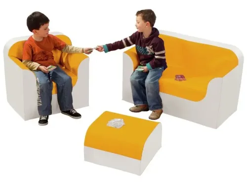 orange modular sofa corner adding warmth and versatility to play areas, classrooms, and inclusive group spaces