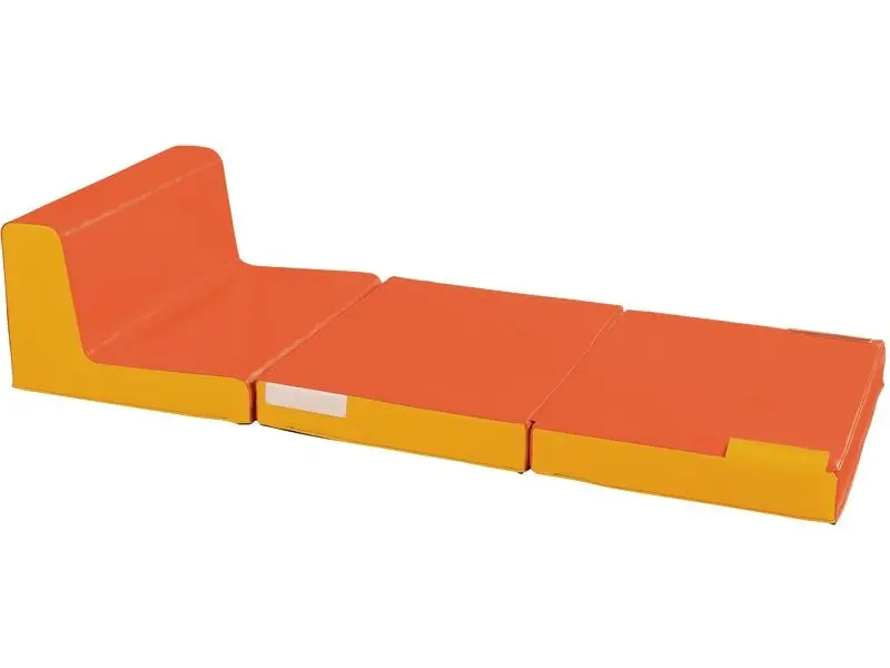orange convertible chair in reclined position supporting flexible seating and relaxation in sensory corners