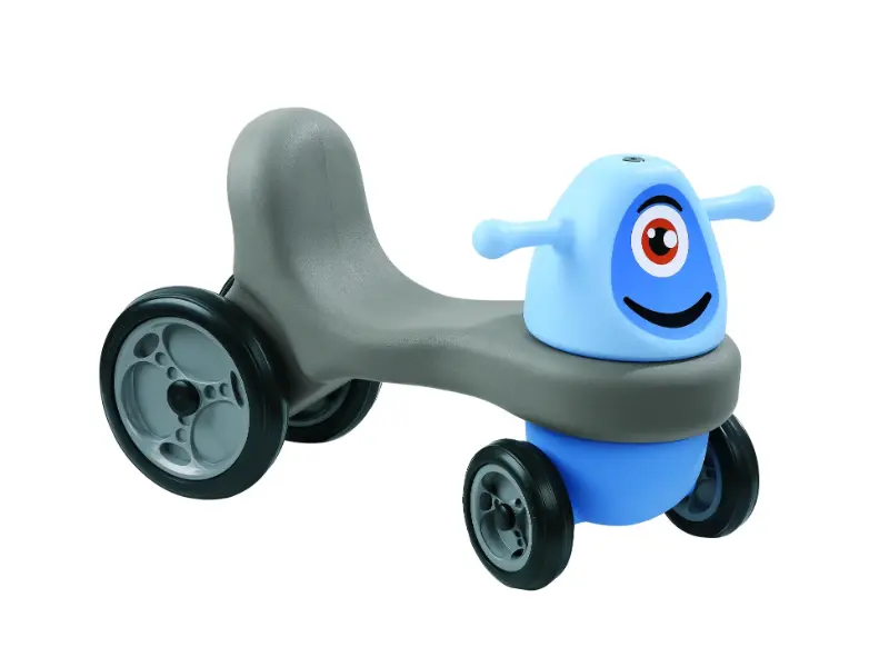 Dynamo Pushalong blue toddler ride-on with front-wheel steering promoting balance, coordination, and movement confidence.