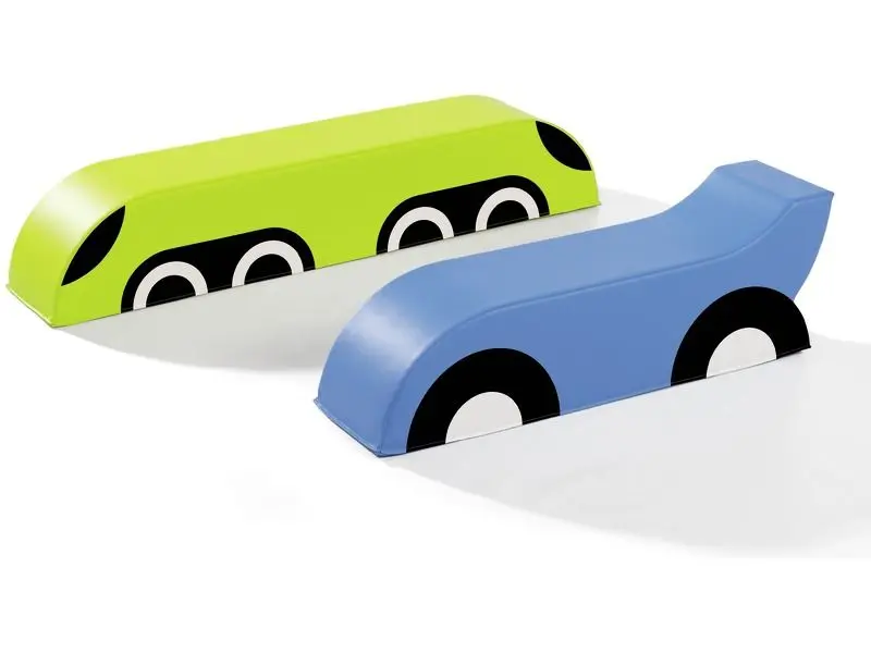 Foam Car Maxi Pack set of two toddler ride-ons—Vroom and Tchou—developing balance, coordination, and creative movement.