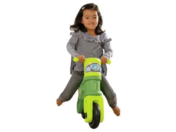 Green Motorcycle toddler ride-on promoting balance, coordination, and strength through playful movement.