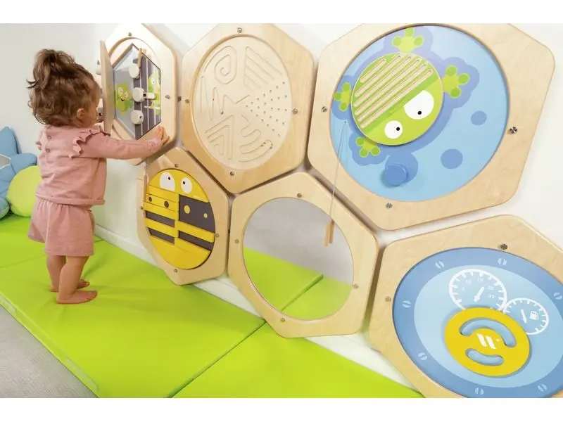 nature-themed hexagon panels supporting sensory discovery and calm, hands-on learning