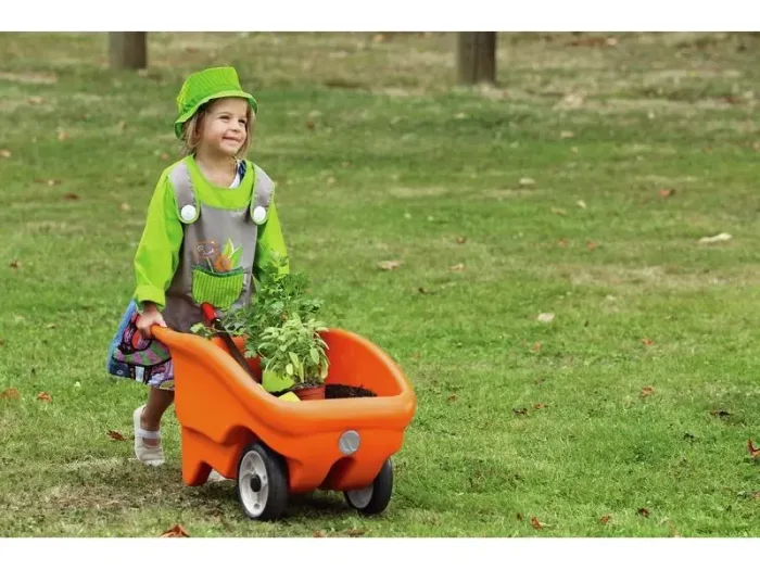 Large Wheelbarrow 2 Wheels orange double-wheel design for stable toddler play and motor-skill development.