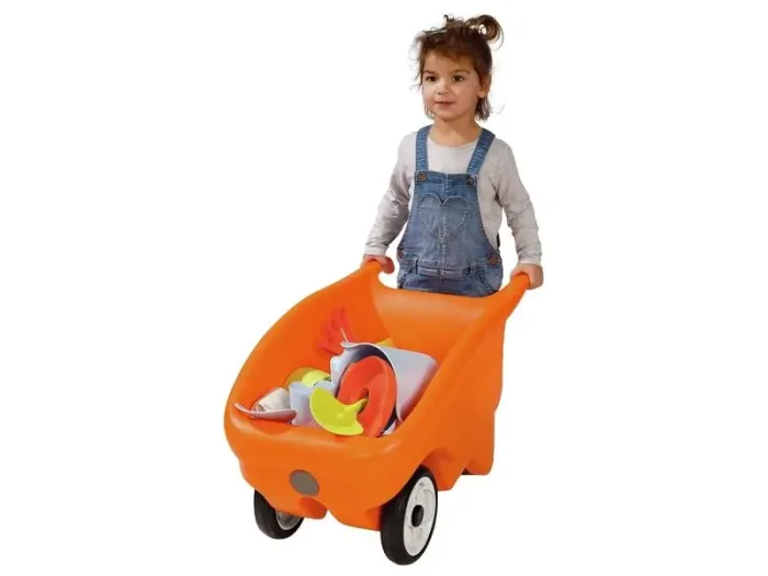 Large Wheelbarrow 2 Wheels orange polyethylene design promoting coordination, balance, and teamwork in play areas.