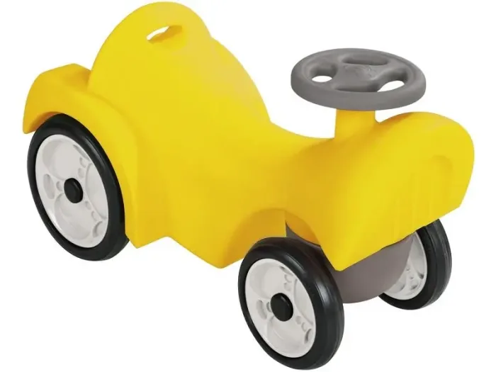 Loco Pushalong yellow polyethylene push toy for toddlers developing strength, steering, and mobility skills.