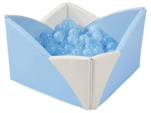 Lotus Corner Ball Pool in light blue and ivory soft foam designed for toddlers to enjoy gentle sensory play and coordination in early-learning spaces.