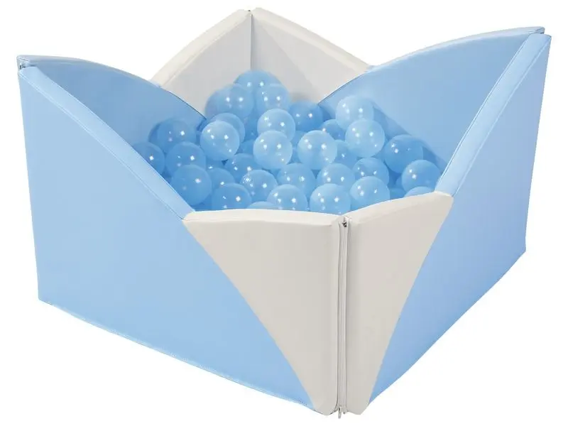 Lotus Corner Ball Pool in light blue and ivory soft foam designed for toddlers to enjoy gentle sensory play and coordination in early-learning spaces.