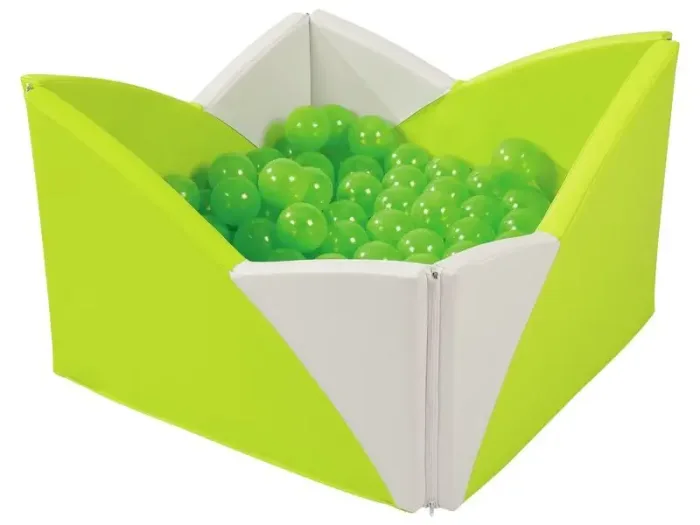Lotus Corner Ball Pool in light green and ivory soft foam providing a calm, secure play space for toddlers to explore sensory and motor activities.