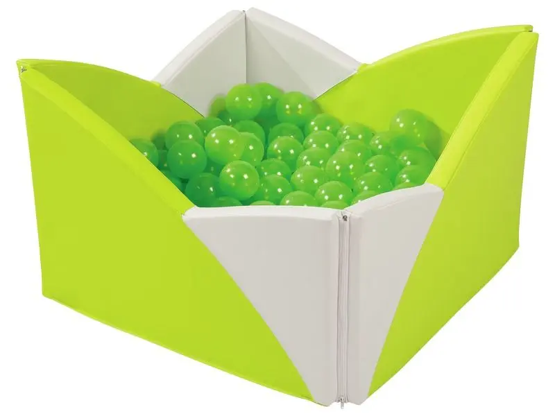 Lotus Corner Ball Pool in light green and ivory soft foam providing a calm, secure play space for toddlers to explore sensory and motor activities.