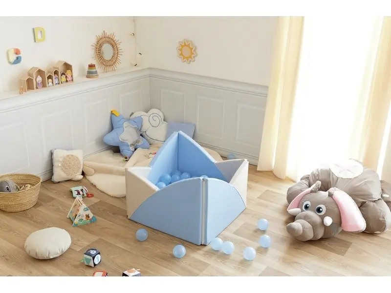 Lotus Corner Ball Pool soft foam play pool designed to fit into corners, offering toddlers a safe, cozy area for sensory play and motor development.