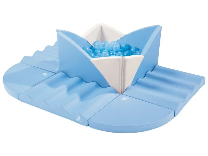 Lotus Wall Ball Pool soft foam play pool in blue with petal-shaped walls creating a safe, enclosed sensory space for toddlers to explore and play.