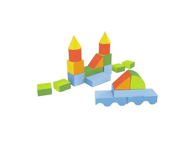 soft foam block set of 20 pieces arranged in multicolour on floor for climbing and building exploration