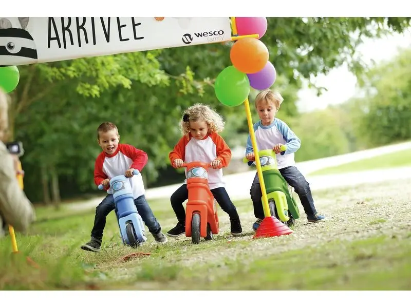 Motorcycle ride-on trio for preschoolers enhancing coordination, confidence, and early motor development.