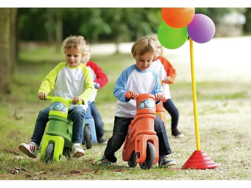 Motorcycle set of three polyethylene ride-ons for toddlers encouraging mobility and gross-motor skills.