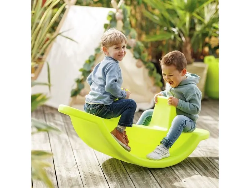 Three Seat Rocker foam rocker with ergonomic handles supporting balance, cooperation, and motor skills for toddlers.