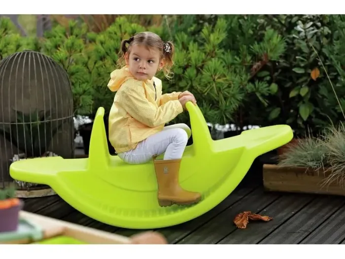 Three Seat Rocker light-green plastic rocker for group play helping toddlers develop balance, rhythm, and coordination.