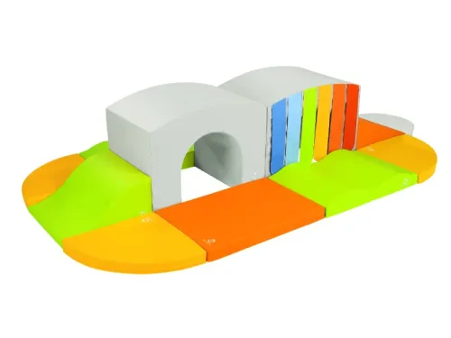 soft foam arcade-style play kit featuring arches, slopes, and platforms that support climbing, crawling, and early gross motor exploration