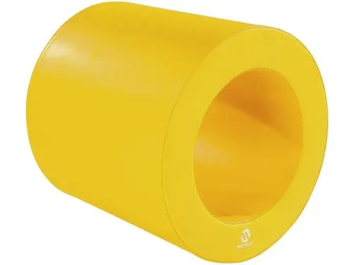 bright yellow foam barrel inviting rolling, crawling, and imaginative motion play that strengthens coordination and balance
