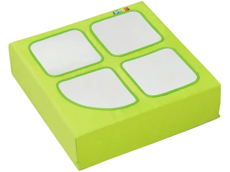 soft foam quarter cube with integrated mirrors encouraging visual tracking, body awareness, and early sensory exploration