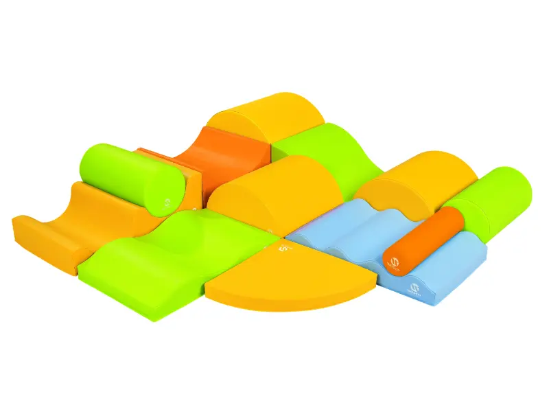 large soft foam activity course offering varied levels, steps, and slopes to promote balance, coordination, and imaginative movement play